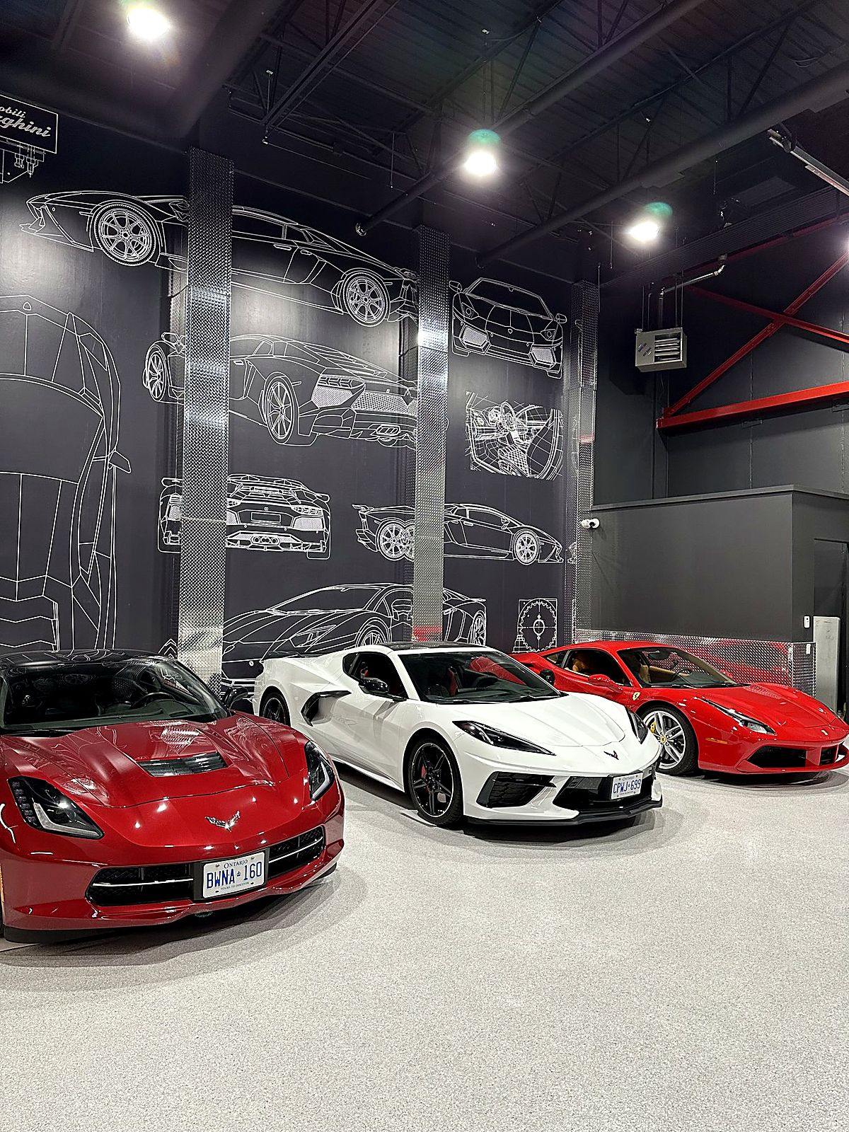 Commercial interior with dark spray-finished open ceiling and white walls